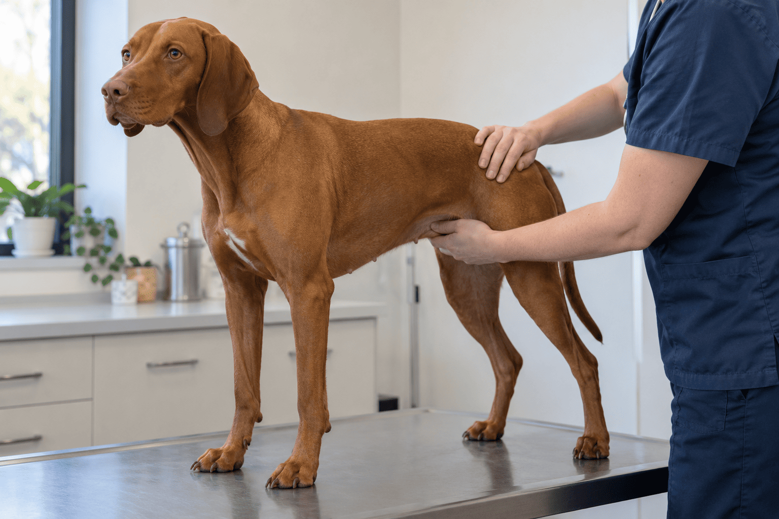Veterinár vyšetruje hnedého maďarského stavača na klinike
